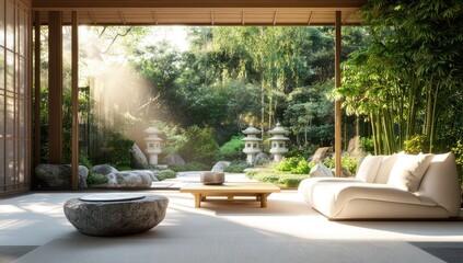 Fototapeta premium Serene Japanese Garden View from Minimalist Living Room