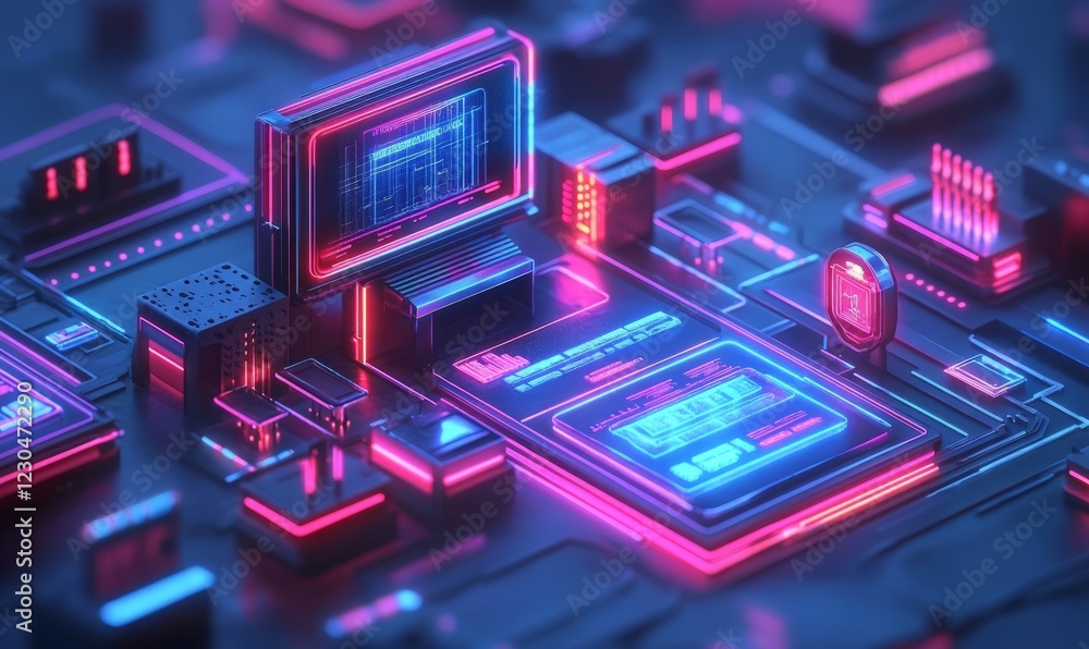 Poster futuristic neon-lit digital system with glowing components and data streams.