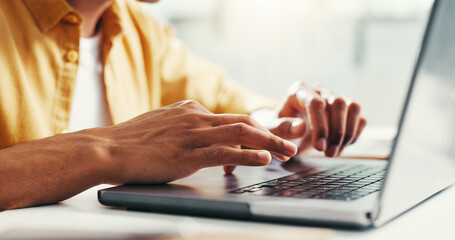Hands, laptop and typing with business person at desk in office for online planning or research. Computer, report and update with employee drafting email for feedback or review of design project