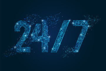 Abstract isolated blue image of signboard 24 7 open hours time. Polygonal low poly wireframe illustration looks like stars in the black night sky in space or flying glass shards.