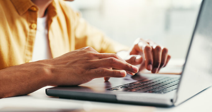 Hands, laptop and typing with business person at desk in office for online planning or research. Computer, report and update with employee drafting email for feedback or review of design project