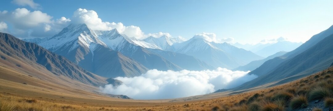 Rolling white clouds across the Altai Mountains, calming scene, serene mountains