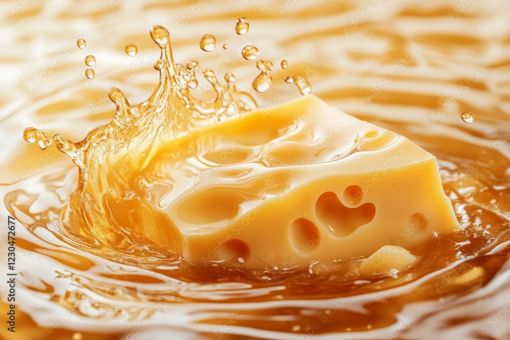Poster Cheese cube splashes into golden liquid creating a dynamic and appetizing scene in a kitchen setting