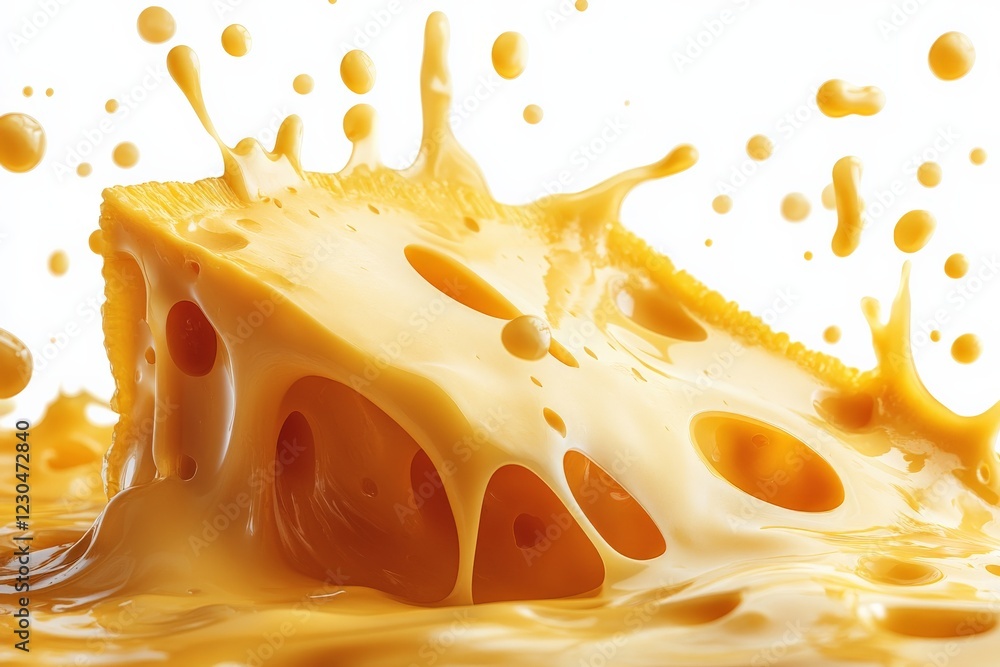 Poster Cheese block splashes into melted texture creating vibrant yellow droplets in a dynamic culinary setting