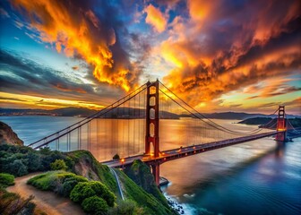 Obraz premium Surreal Golden Gate Bridge Panorama: Dreamlike Sunset over San Francisco Bay