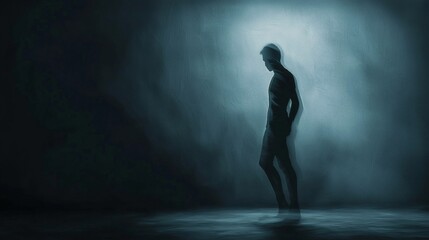 Fototapeta premium Solitary Figure in a Blue Haze: A Study in Isolation and Introspection