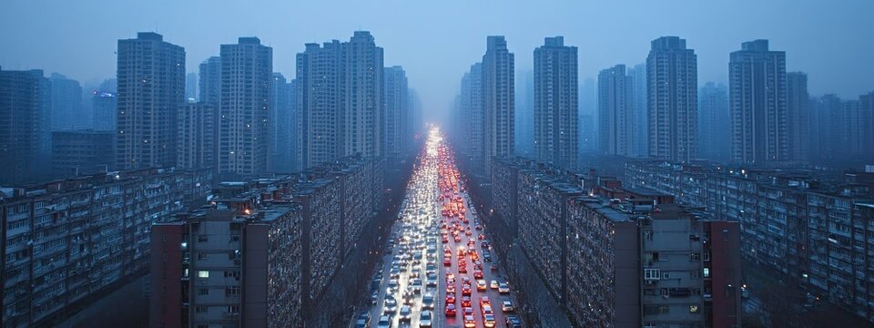 A city shrouded in thick smog with cars and buildings barely visible through the haze, depicting urban pollution and air quality issues with a dynamic blur effect.