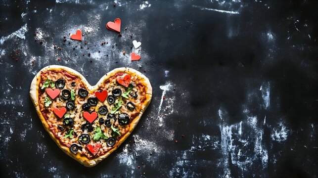 A quirky Valentine's Day greeting card featuring a heart-shaped pizza with toppings in the shape of love symbols