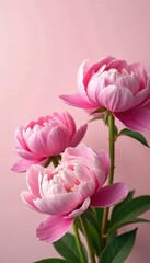 Fototapeta premium Showy pink peonies against a soft pastel background, pink flowers, spring blossoms, bloom