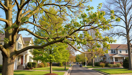 Obraz premium Budding elm tree branches in residential street, spring awakening