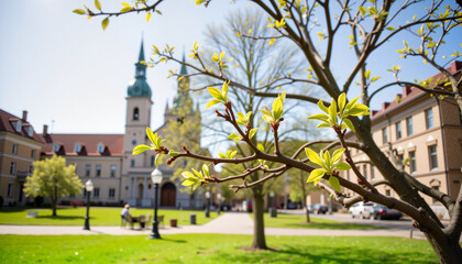 Naklejka premium Budding linden tree branches in town square at midday, spring renewal