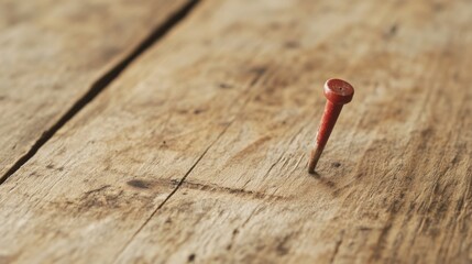 Single red nail partially hammered into old wooden surface.