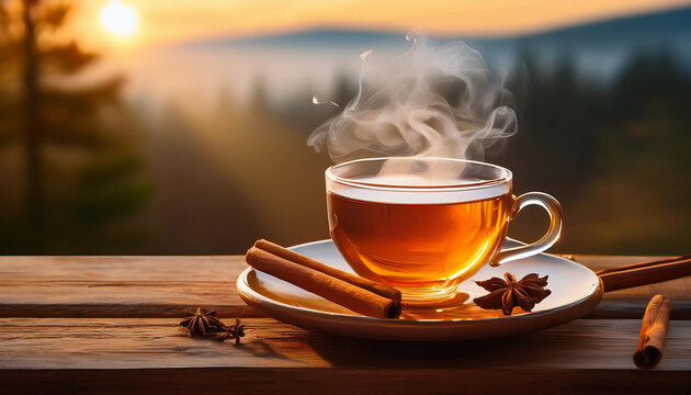 A steaming cup of tea accompanied by cinnamon sticks and star anise on a wooden surface, bathed in warm sunlight. Captures the cozy atmosphere of relaxation and fragrant brewing.