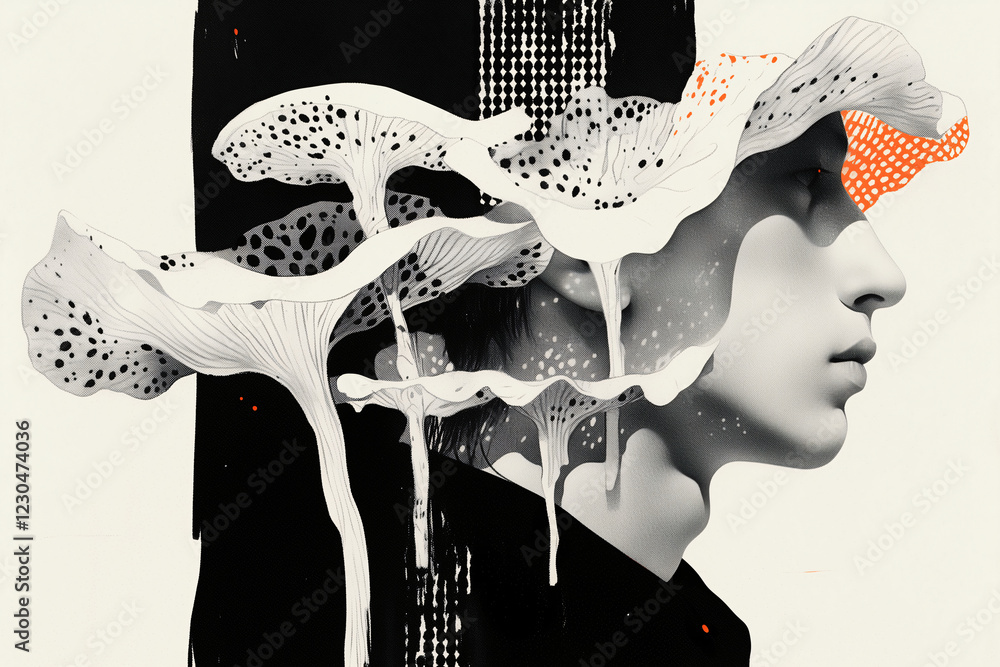 Poster surreal portrait: a monochromatic profile portrait of a person merges with abstract, organic forms r