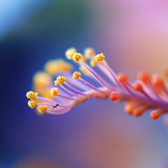 A detailed close-up of a vibrant flower stamen, with fine pollen grains clinging to its surface, illuminated by natural diffused light. 