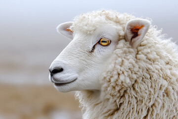 Fototapeta premium White Sheep Profile Portrait Showing Fleece And Eye