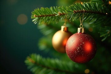 Obraz premium Sparkling golden ornaments hang from a sturdy fir tree branch, green, branch, fir