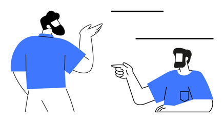 Two male figures, one with a hand raised, the other pointing. Ideal for communication, teamwork, instruction, negotiation, leadership conflict resolution social interactions. Abstract line flat