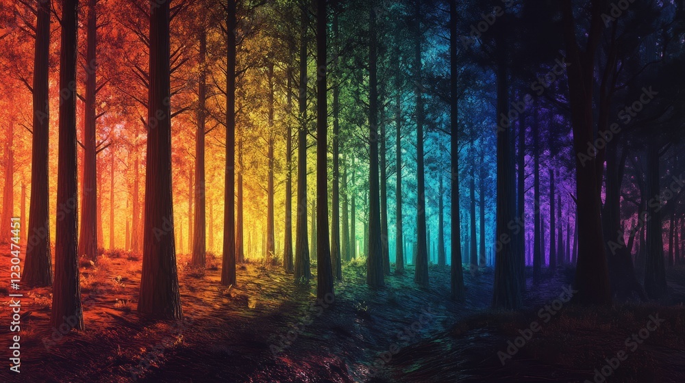 Poster a mesmerizing forest scene with trees illuminated in a spectrum of rainbow colors, creating a magica