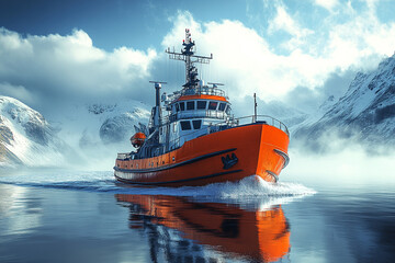 Orange Tugboat Sailing Through Snowy Mountain Fjord