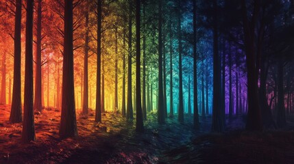 Fototapeta premium A mesmerizing forest scene with trees illuminated in a spectrum of rainbow colors, creating a magical and enchanting atmosphere.