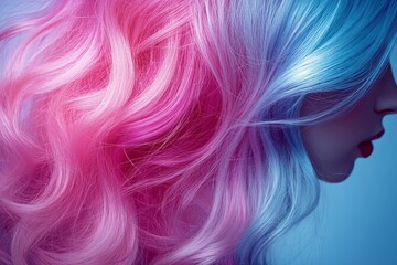Naklejka premium Unique pastel hair styling with pink and blue colors in a close-up portrait during a creative photo shoot
