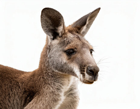 A close-up profile shot of a kangaroo's head and neck shows its distinctive features including large ears, long snout, and brown-grey fur against a white background.