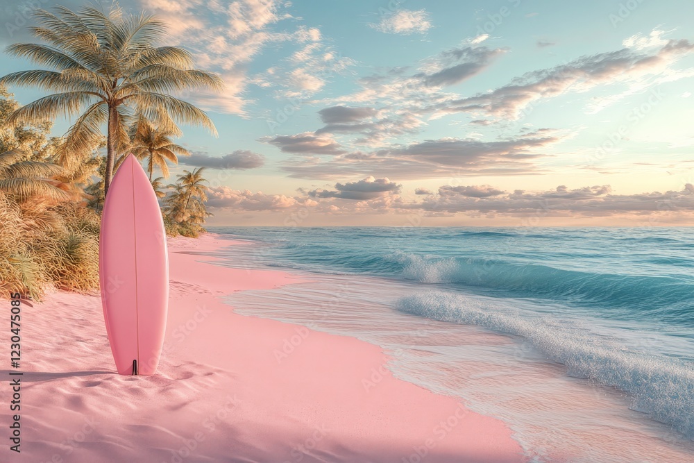 Poster Surfboard resting on a pink beach at sunset with palm trees and gentle waves in the background