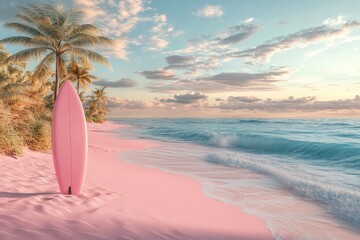 Surfboard resting on a pink beach at sunset with palm trees and gentle waves in the background