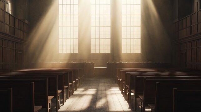 Sunbeams illuminate rows of wooden pews in a large, dimly lit hall.