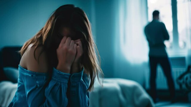 A distressed woman crying with a male figure in the background, representing themes of domestic violence, emotional abuse, and relationship struggles. A powerful portrayal of conflict and pain. Slow m