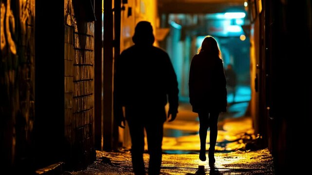 Tense scene of a woman being followed by a man in a dark alley at night. Concept of crime and assault against women.	