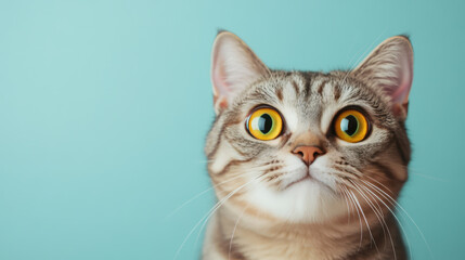 Obraz premium curious cat with large yellow eyes gazes at camera against light blue background, showcasing its playful and lovely mischievous nature great for pet products advertisement 