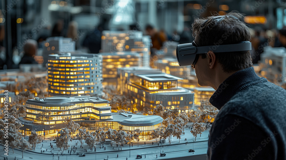 Aufkleber exploring a modern architectural model with virtual reality technology at an urban development exhib