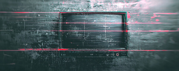 Naklejka premium A close-up of a vintage television with a cracked and scratched screen, placed in a dark and moody environment, evoking nostalgia, decay, and a retro aesthetic with worn details.