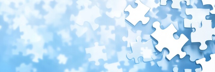 Naklejka premium White puzzle pieces on a blue background with copy space for text, a banner design The concept of unity and collaboration in business or personal life Generative AI