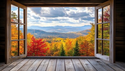 Autumnal Mountain Vista Through Rustic Cabin Window