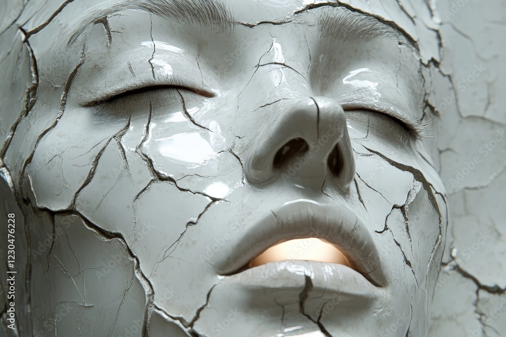 Poster cracked ceramic sculpture with serene expression illuminated from within