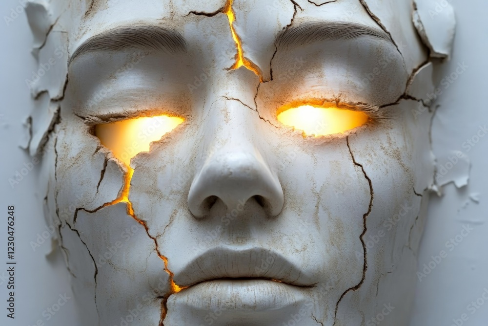 Poster artistic representation of a cracked mannequin with glowing eyes creating an eerie ambiance in moder