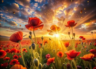 Fototapeta premium Surreal Poppy Field: Sun-Drenched Dreamscape of Vibrant Blooms