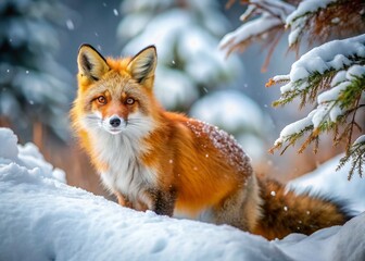 Surreal Red Fox Hunting in Canadian Snow: Bushy Tail, Orange Fur, Winter Wonderland