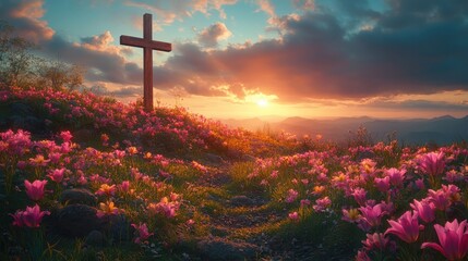 A wooden cross standing on a hilltope