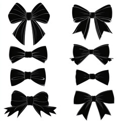 Elegant black bows in various styles and sizes, perfect for decoration or design projects. These versatile silhouettes can enhance gifts, crafts, or fashion elements