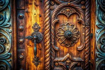 Surreal Rustic Wooden Door Close-up: Fantasy Forest Entryway
