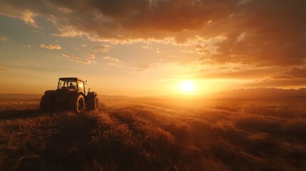 Fototapeta premium A tractor is driving through a field at sunset. The sky is filled with clouds and the sun is setting, creating a warm and peaceful atmosphere