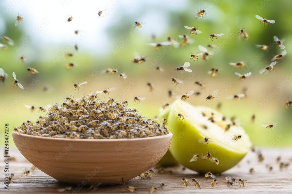 Poster swarm of bees gathers around a bowl of ripe green apples in an outdoor setting during the day