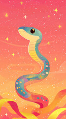 Naklejka premium colorful snake with vibrant patterns and whimsical expression, set against dreamy pink and orange background filled with stars. This enchanting illustration captures sense of wonder and magic