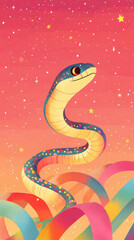 Naklejka premium colorful snake with vibrant pattern slithers against starry background, surrounded by playful, curved shapes. scene evokes sense of whimsy and wonder