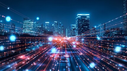 Creative glowing purple night city wallpaper with digital data lines all over. Smart city, VR, AI and innovation concept. Double exposure