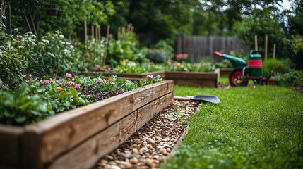 Serene Garden with Colorful Flowers and Wheelbarrow